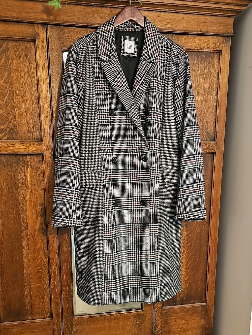 GAP Black & White Plaid Double-Breasted Coat with Red Accents